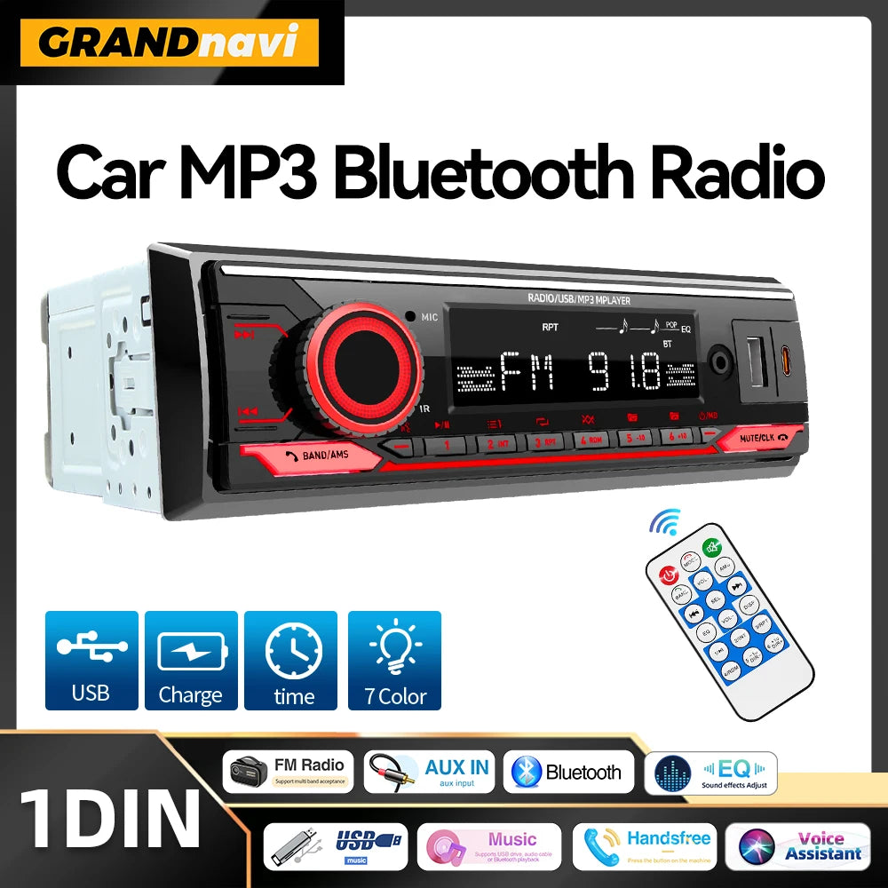 Car Radio 1din Srereo MP3 Player Bluetooth FM Receiver With Remote Control AUX/USB Support Type C Phone Charging Voice Assistant