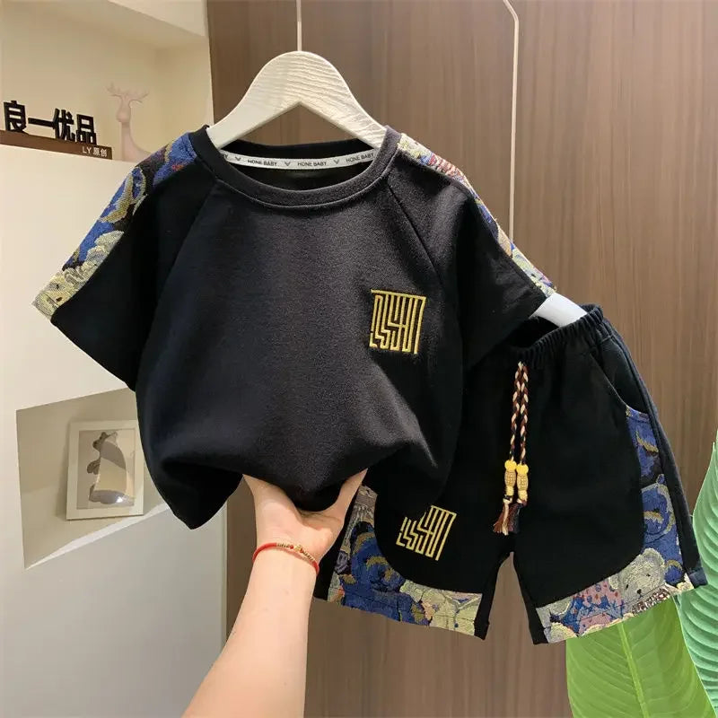 Kids Clothing 2pcs Sets Boys Grey Hole Short Sleeved T-shirt+ Denim Shorts Summer Suit 2025 New  Handsome Baby Clothes