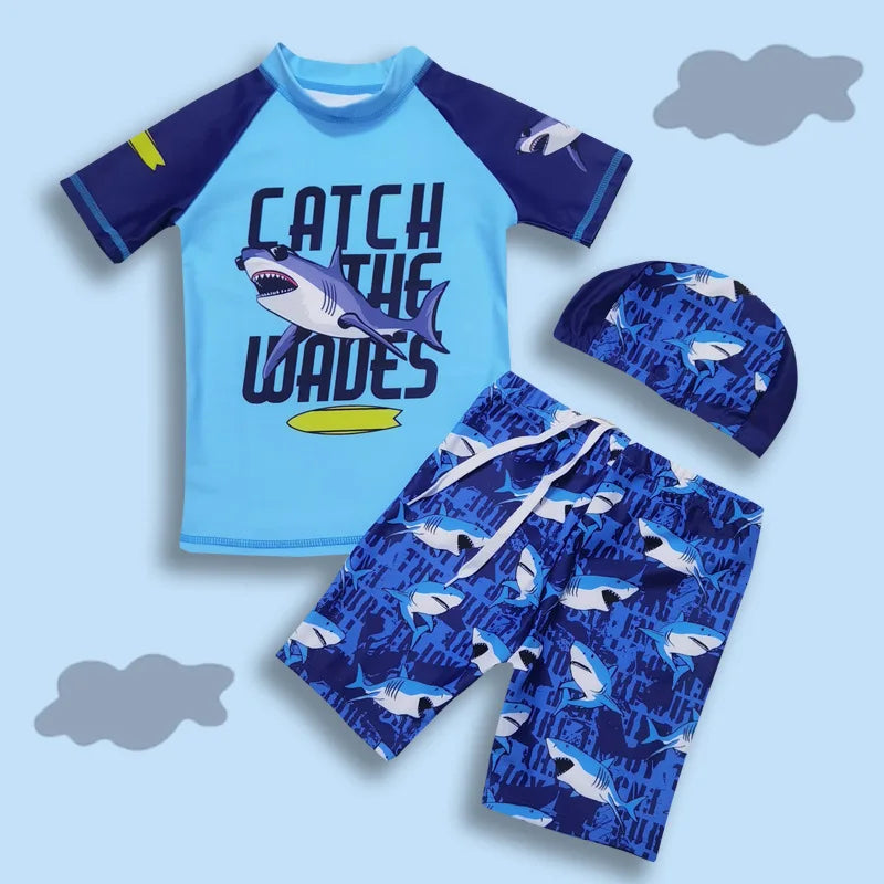 Kids Swimsuit Boys Two Pieces Shark Swimsuit Toddler Rash Guard and Trunk Set with Hat
