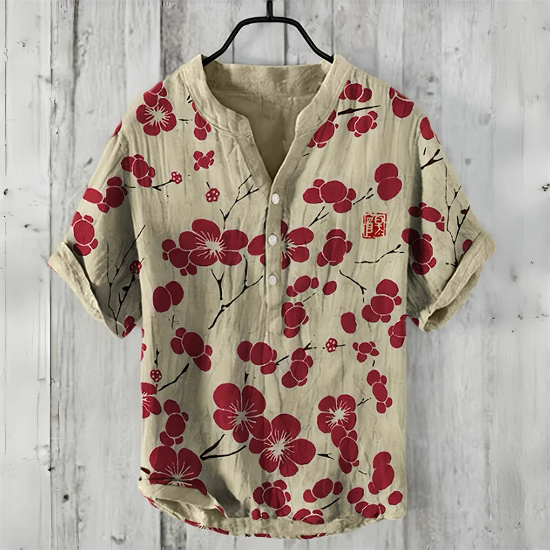 Spring and summer men's and women's shirts, fashionable shirts, casual fish pattern Hawaiian style printed shirts, linen tops