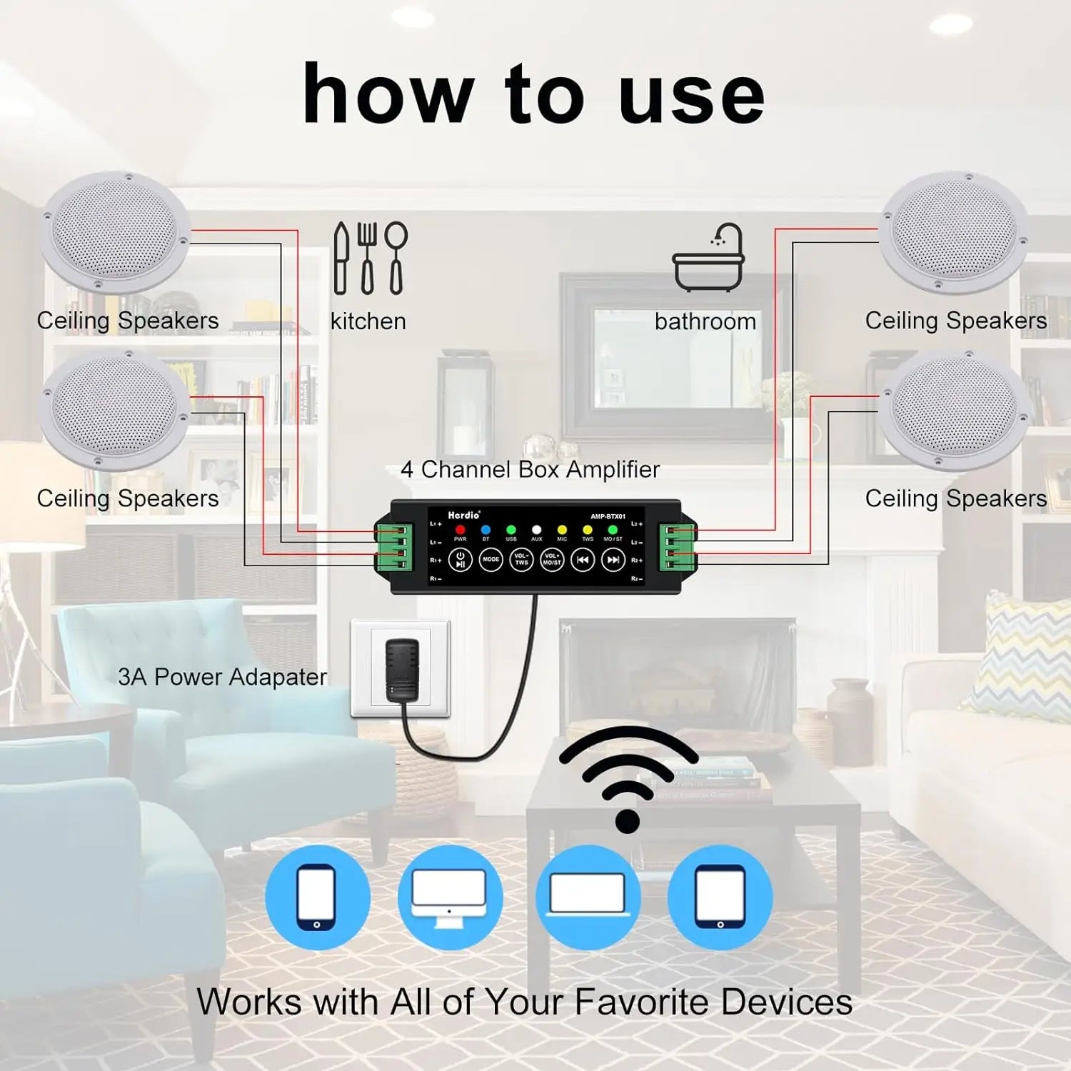 Herdio 4Pcs 320W Wall In Ceiling Speakers Full-Range 4" Bluetooth Loudspeakers Stereo Audio Speaker Bathroom Store Hotel Speaker