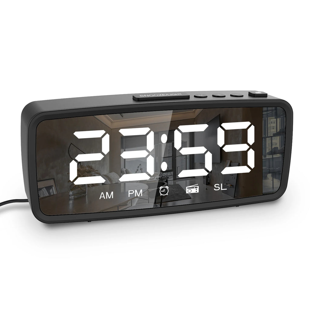 【New】5.1'' Digital Alarm Clock Radio, Mirror Alarm Clock, 3 Levels Dimmer FM Radio with Sleep Timer for Bedroom Bedside Desk