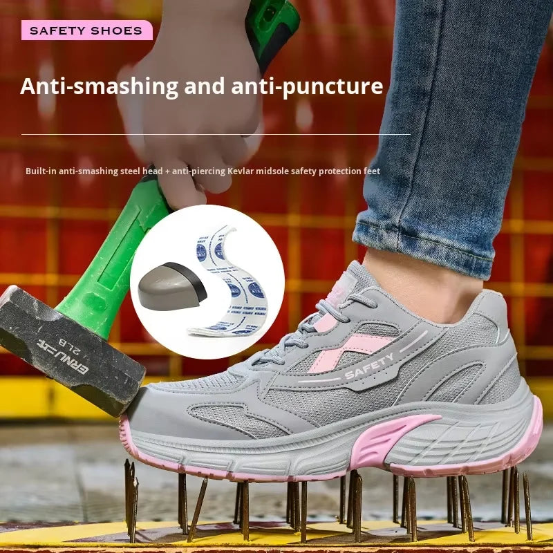 Women‘s Safety Shoes Anti-Smash Anti-Puncture Lightweight Fashionable Grey Pink Color Comfort Fit Daily Wear Protective