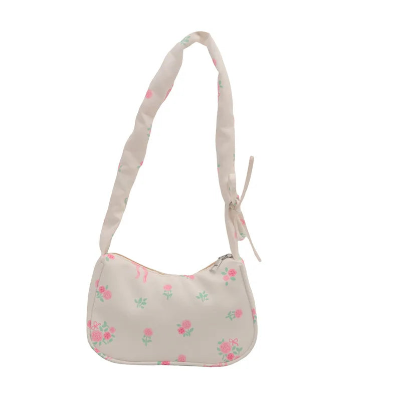 Women's Bags New Sweet Print Canvas Handbags Korean Floral Bow Printed Zipper Tote Bag Female Small Shoulder Bag