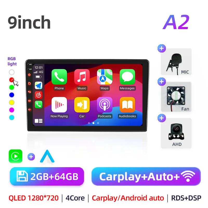 Car radio with GPS Multimedia player with Android 12 7/9/10''2 Din Universal Stereo Carplay AUTO for Volkswagen, Nissan, Hyundai