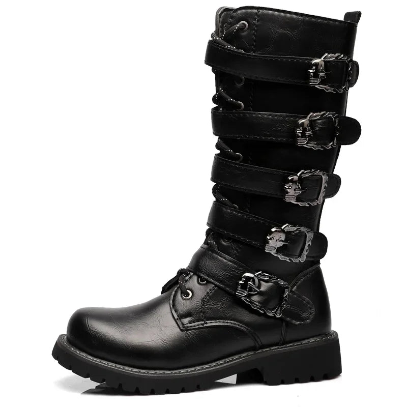 Men Knee High Leather Boots Winter Male Motorcycle Boots Gothic Punk Shoes Mens Outdoor Military Casual Tooling Boots Man