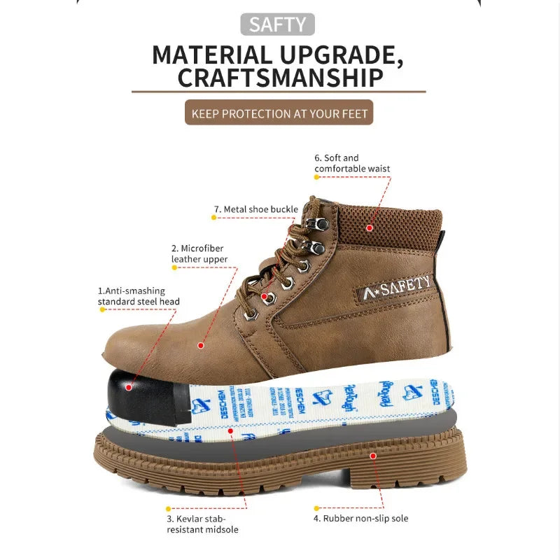 Mens Work Boots 2025 Fashion Outdoor Leather Steel Toe Indestructible Shoes Men Anti Slip Puncture Proof Safety Shoes Boot Man