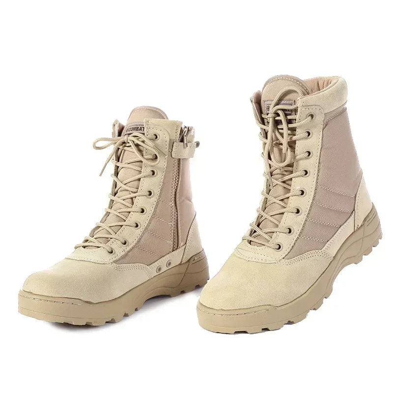 Men's Outdoor High-top Leather Boots Tactical Military Boots Black Thick-soled Shoes Lightweight and Wear-resistant Hiking Shoes