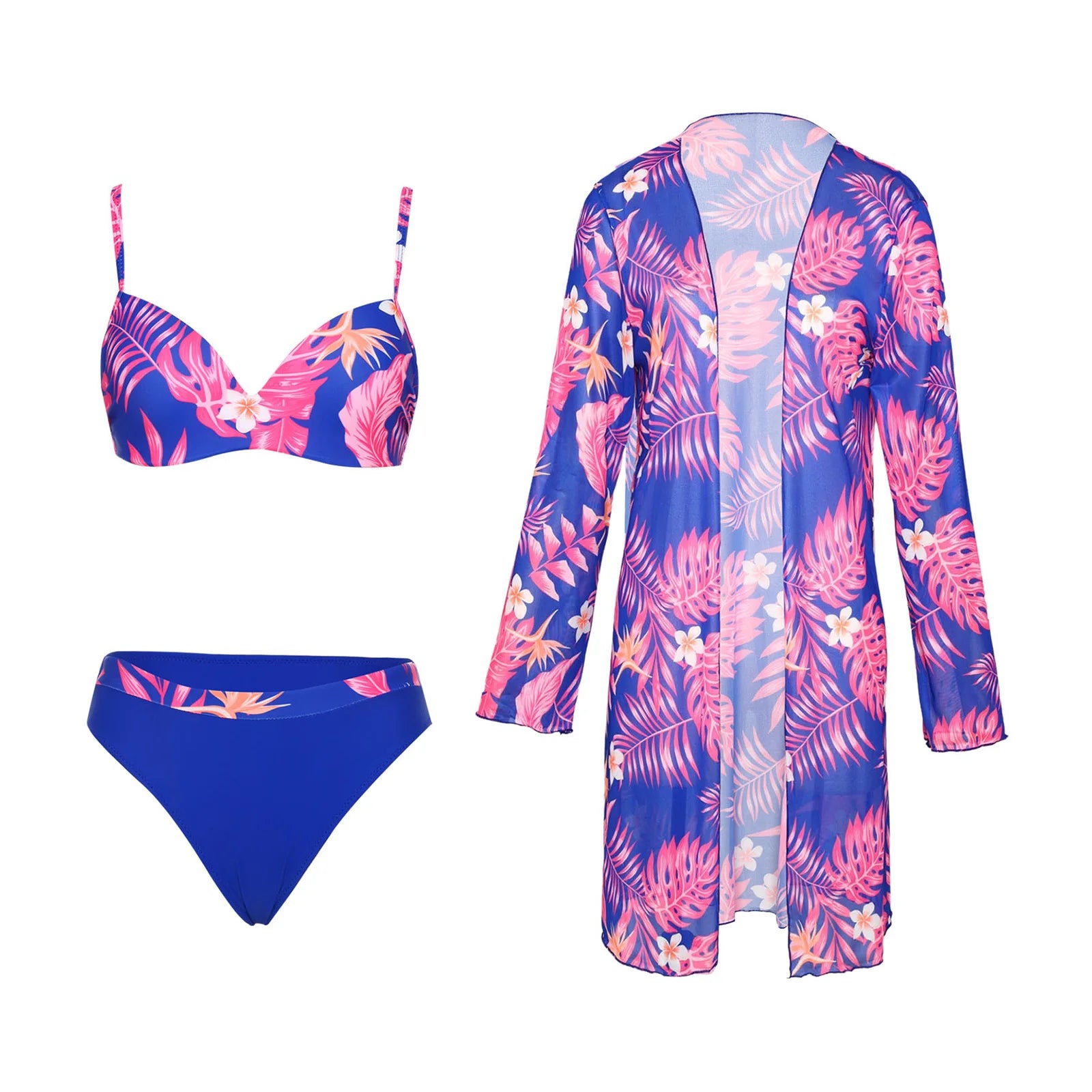 Womens Swim Sets Swimsuit Outfits Underwired Padded Bikini Set with Chiffon Cover-up Tropical Print Swimwear Beach Bathing Suit