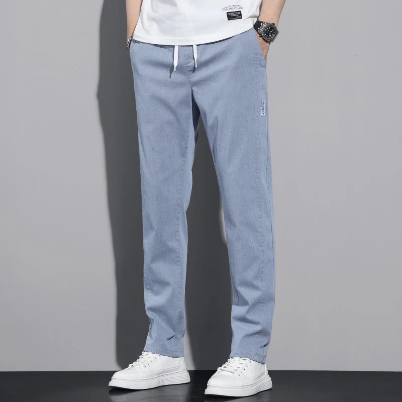 New Spring Autumn Cotton Men's Casual Pants Classic Drawstring Elastic Waist Stretch Blue Jogging Work Cargo Trousers Male