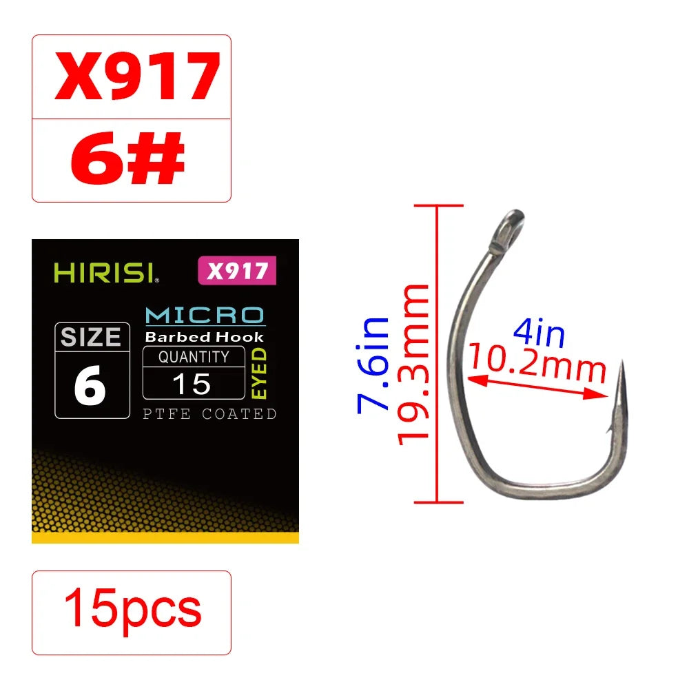 Hirisi 15pcs Carp Fishing Hooks With Eye Micro Barb High Carbon Steel Fish Hooks PTFE Coated X917 Fishing Accessories