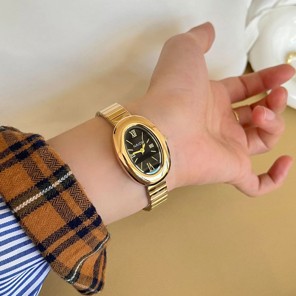 Minimalist Women Quartz Watch Oval Roman Dial Bamboo Steel Strap Fashion Dress Watches Student Wristwatch Dropshipping Relogio