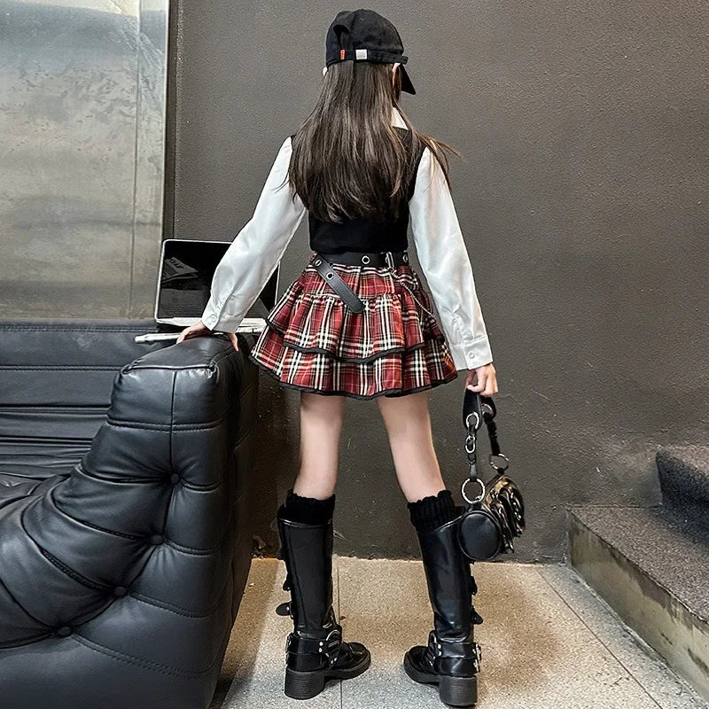 junior girls JK clothes Set Child Internet Celebrity Street Uniform suit Splicing shirt+checkered cake skirt+belt kids outfits