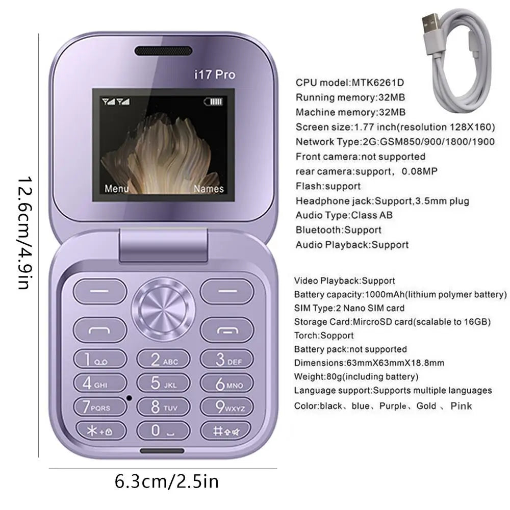 Seniors Cell Phone Foldable Multifunctional Clamshell Phone 1.77 Inch Screen Mini Mobile Phone Portable Clamshell Phone With