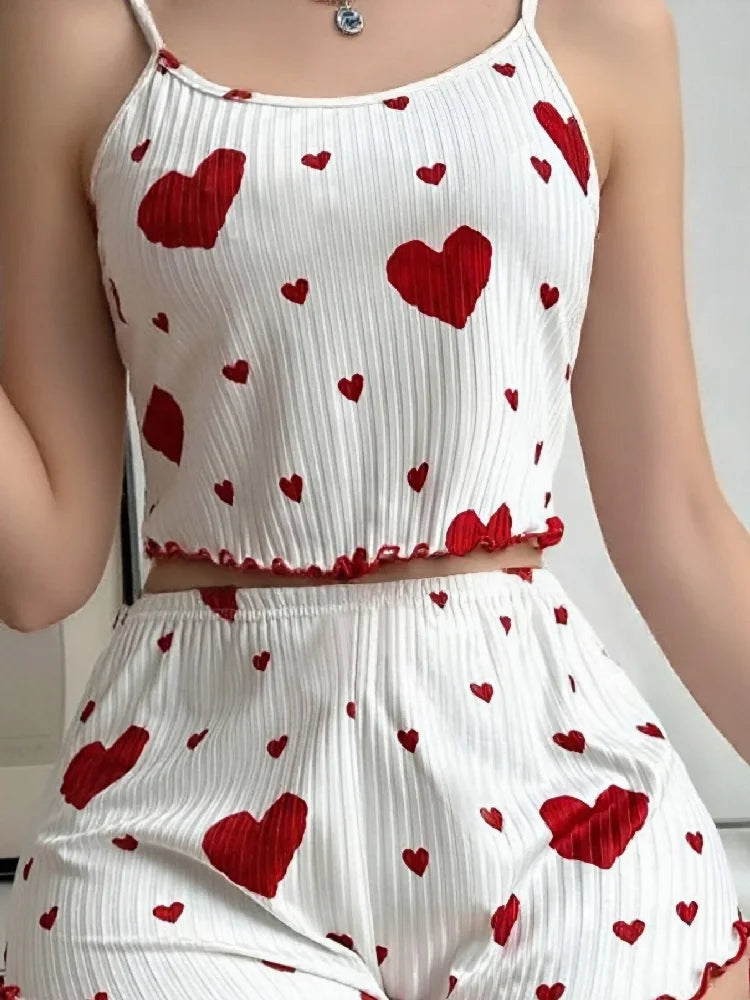 Women's Summer Pajama Set 2PC - Cute Heart Print Sleeveless Tank Top & Bow Shorts Lightweight Polyester Sleepwear Loungewear
