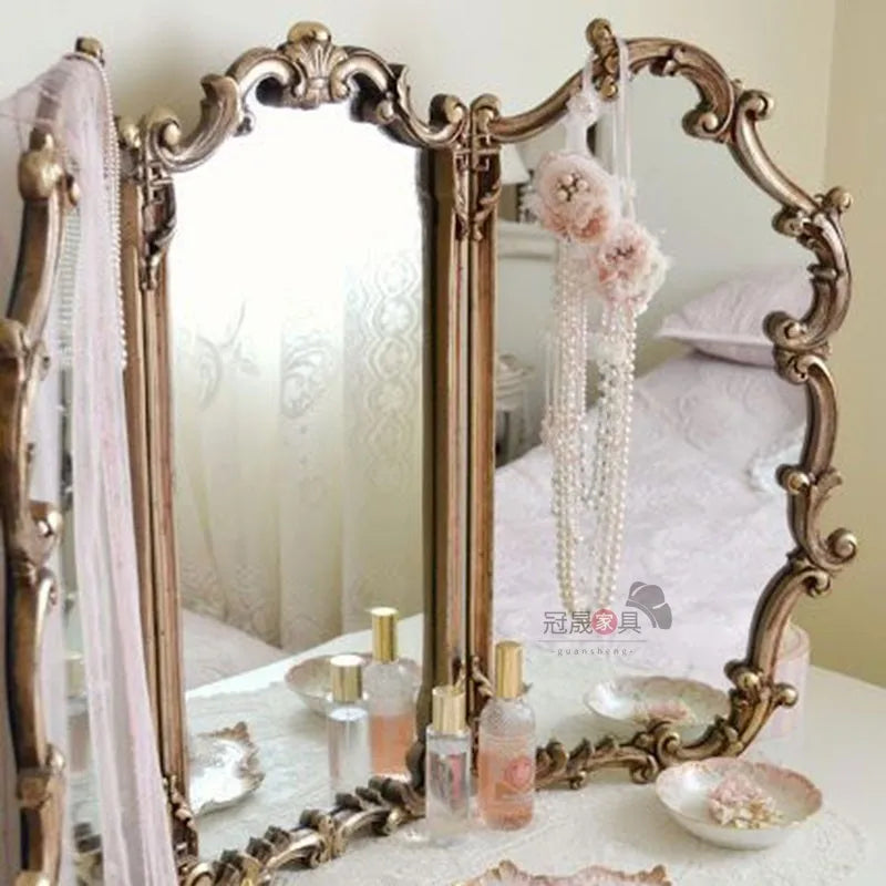 vanity mirror desktop  retro bedroom vanity mirror tri-fold desktop special-shaped folding mirror