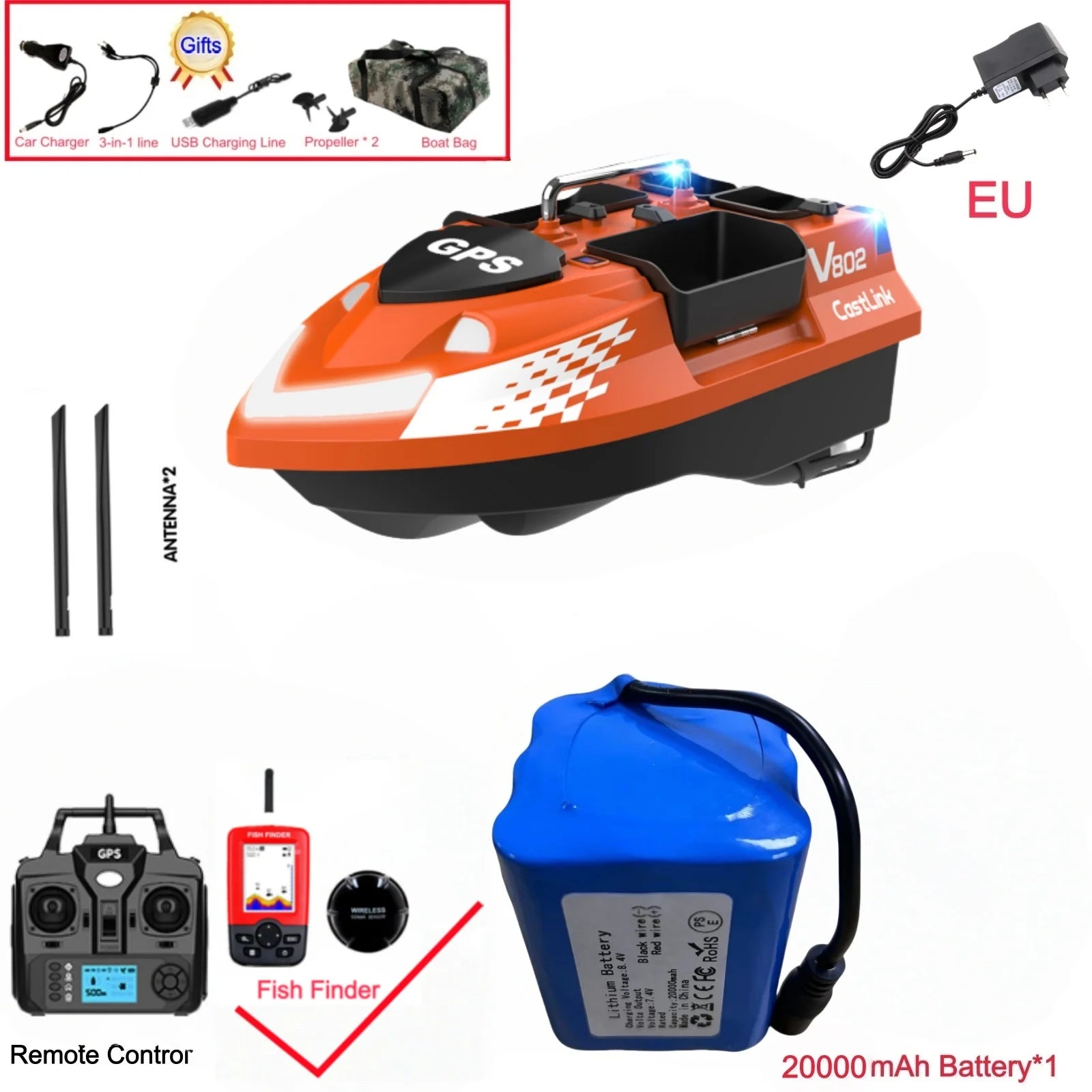 GPS Positioning 160 Positioning Points Fishing Boat Rc Bait Boat 4 Hoppers Waterproof 3KG Load 500M 15KM/H GPS One Click Return
