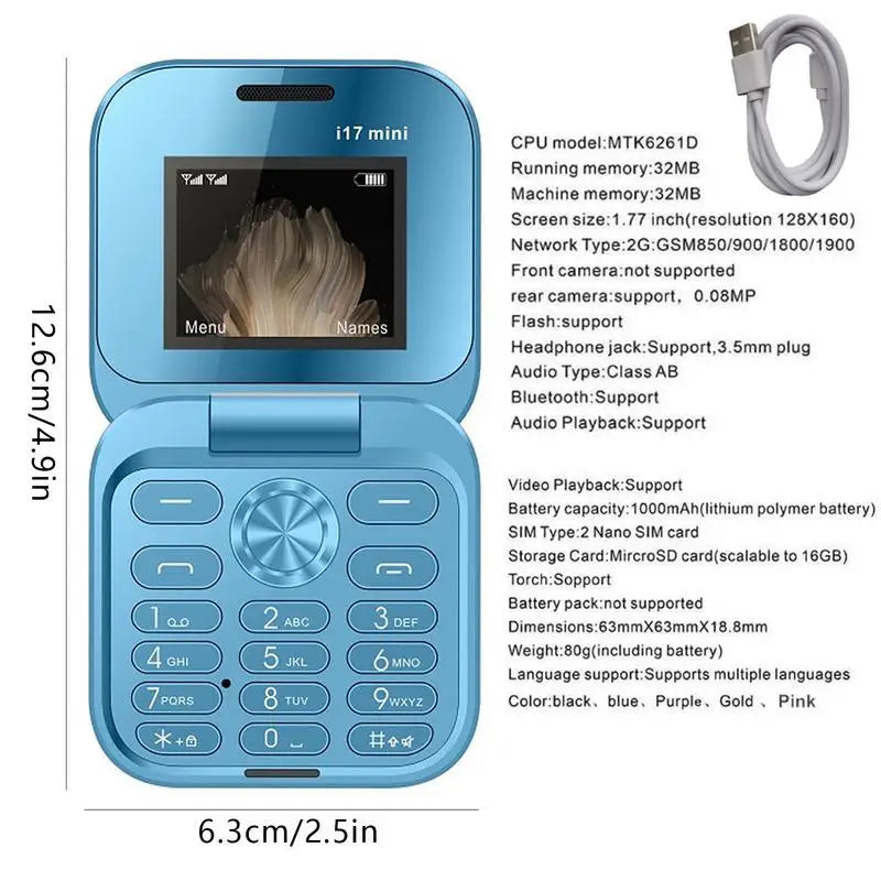 Seniors Cell Phone Foldable Multifunctional Clamshell Phone 1.77 Inch Screen Mini Mobile Phone Portable Clamshell Phone With