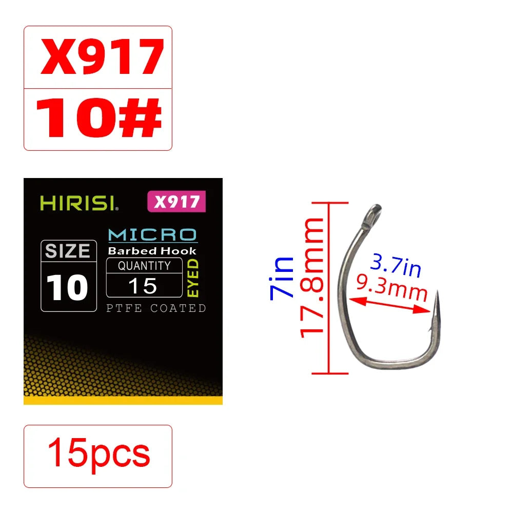 Hirisi 15pcs Carp Fishing Hooks With Eye Micro Barb High Carbon Steel Fish Hooks PTFE Coated X917 Fishing Accessories