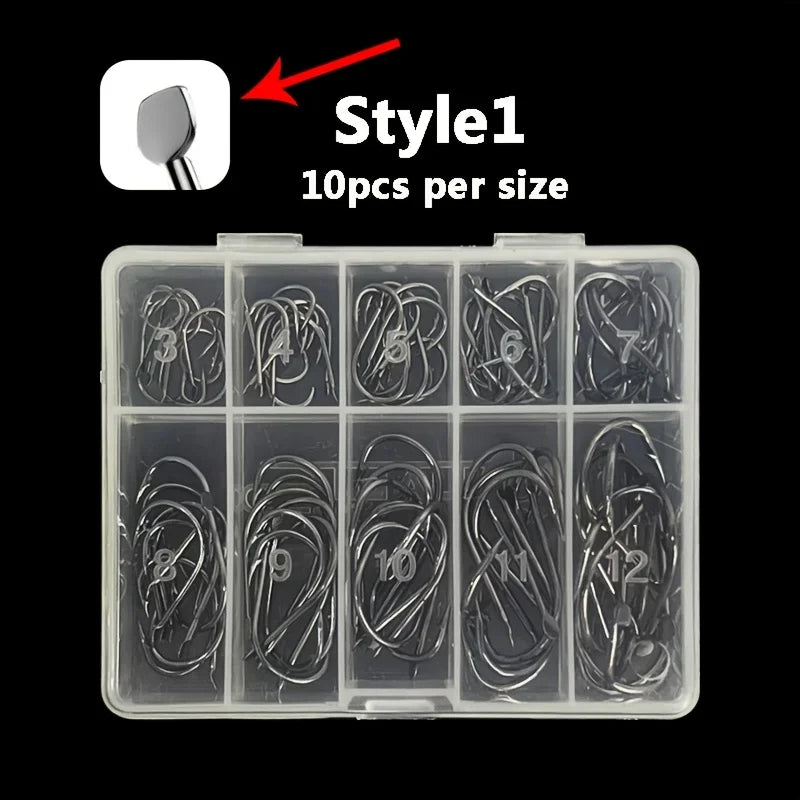 100pcs Boxed Fish Hooks 3-12# Barbed with Holes Black Fish Hooks