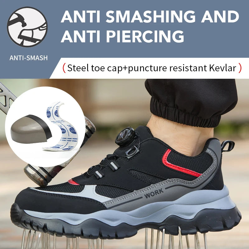 Mens Work Shoes Steel Toe Safety Boots Anti-smash Shoes Mens Black Hiking Boots Lightweight Breathable Sneakers for Outdoor Work