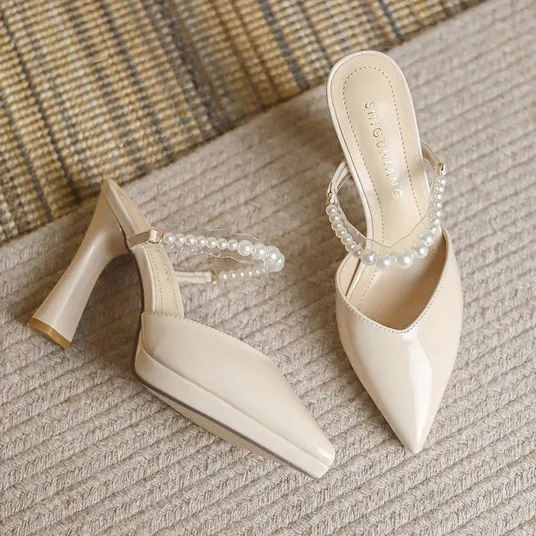 Women Slippers Female Shoes Pointed Toe Mules for Women 2024 Thin Heels Slippers Soft Beige Heeled Slides Fashion New Comfort