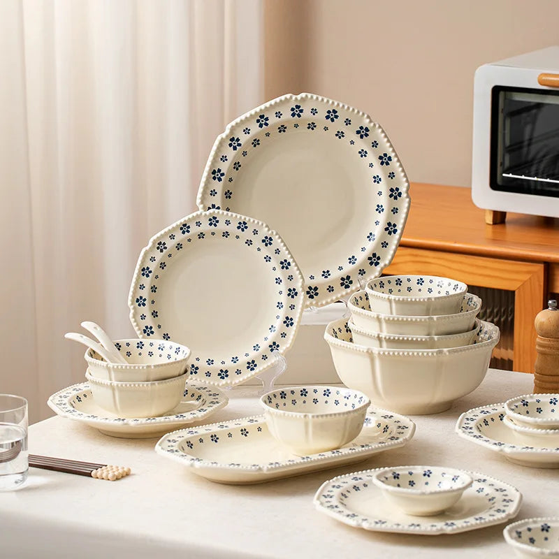 1PC Ceramic Tableware Retro Blue Cherry Blossom Household Rice Bowl Vegetable Plate Niche Bowl Set  Cute Bowl