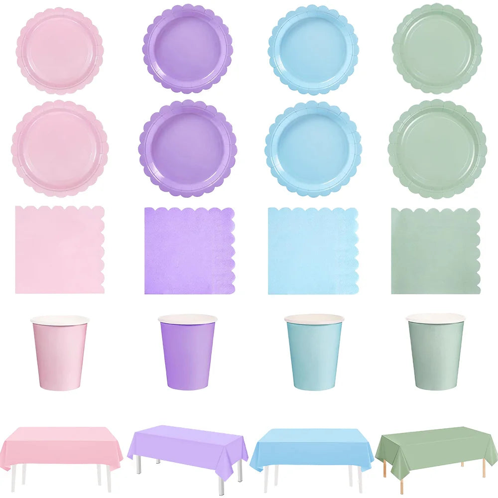 Solid color party supplies tableware paper plates cups napkins tablecloths suitable for birthday party guests banquet baby showe