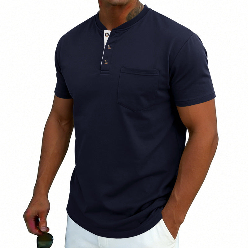 Men's Henley-neck Button-up Short-sleeve T-shirt