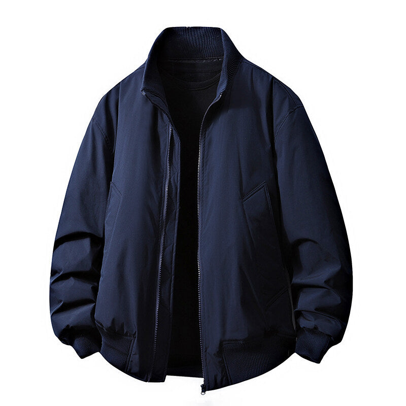 Solid-color Double-zipper Loose-fit Stand-up Collar Jacket Coat