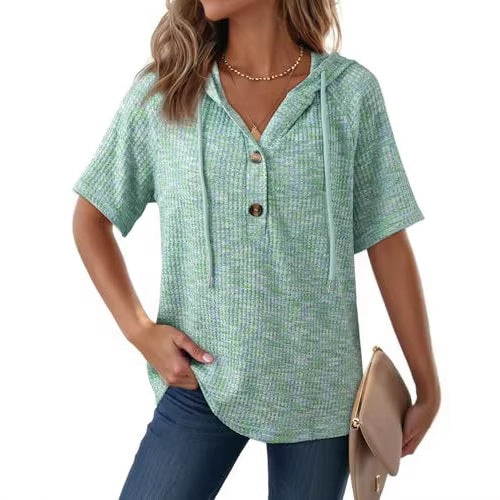 Womens Waffle-Weave Buttoned V-Neck Hoodie With Drawstring