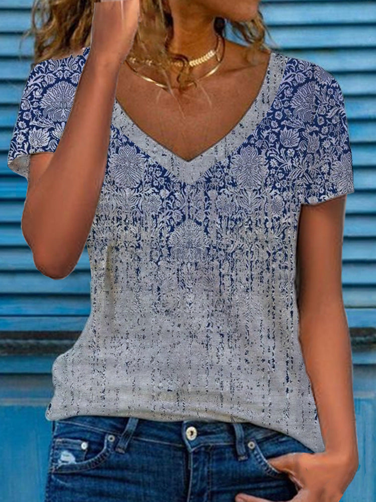 Women's Multicolor Floral Print Short-Sleeve V-Neck Top