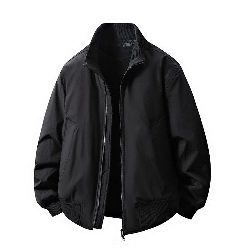 Solid-color Double-zipper Loose-fit Stand-up Collar Jacket Coat
