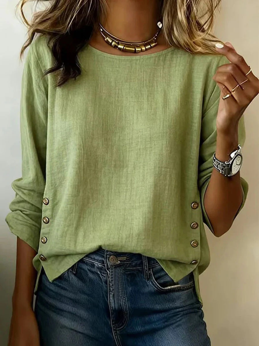 Summer Solid Color Round Neck Casual Loose Cotton And Linen Top For Women