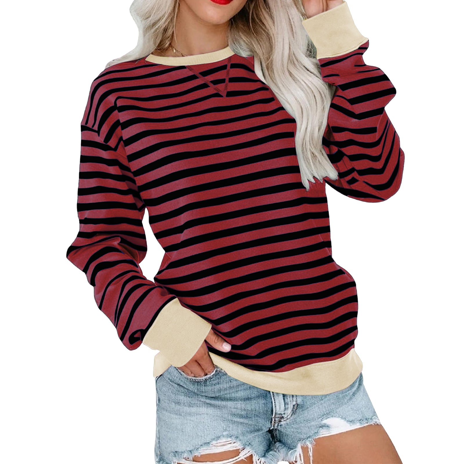 New Striped Color-Blocked Long-Sleeved Casual Crew Neck Sweatshirt