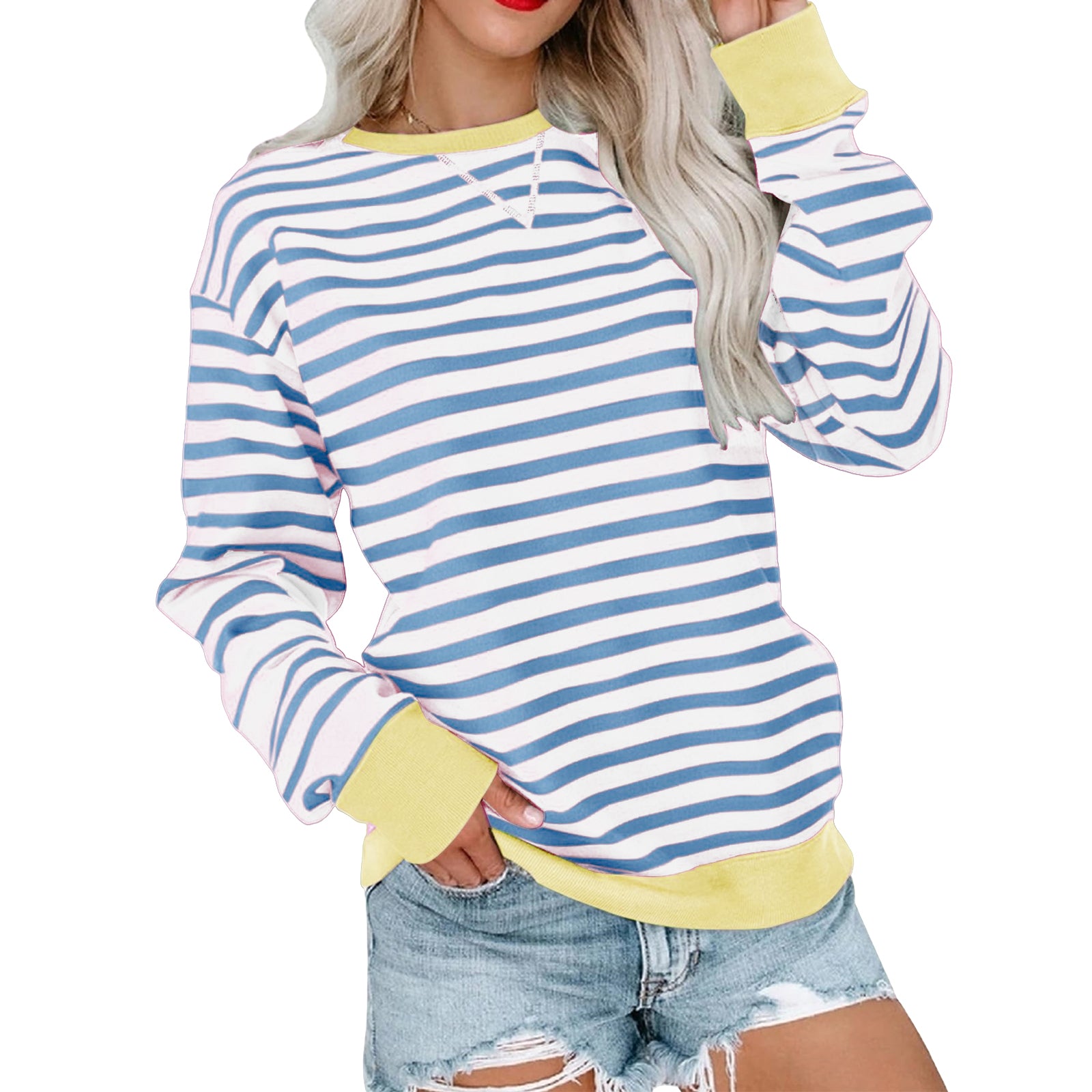 New Striped Color-Blocked Long-Sleeved Casual Crew Neck Sweatshirt
