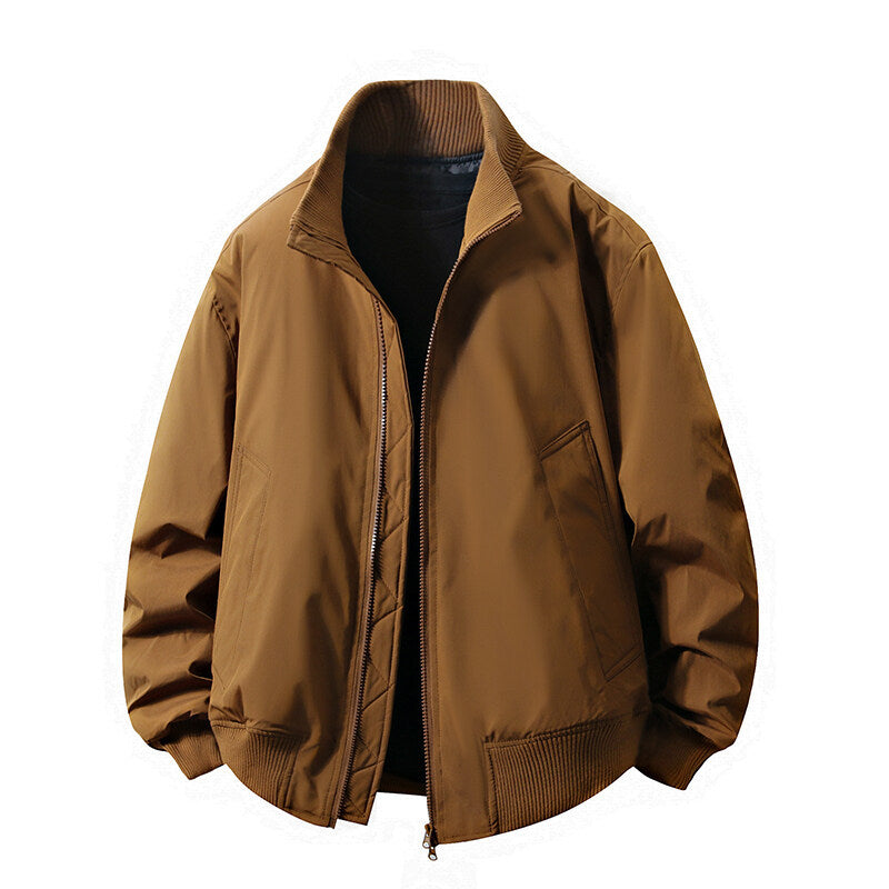 Solid-color Double-zipper Loose-fit Stand-up Collar Jacket Coat