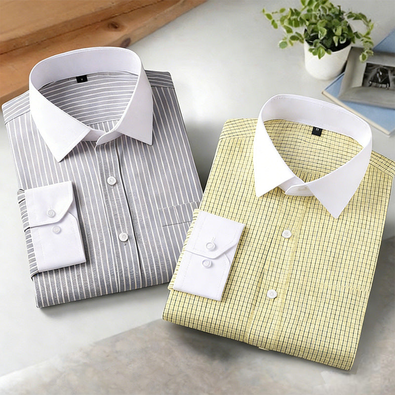 Men's Anti-Wrinkle Long-Sleeve Striped Loose-Fit Plaid Shirt