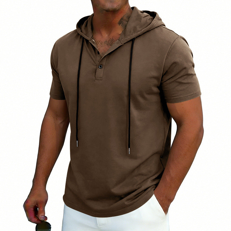 Men's Henley-Neck Drawstring Short-Sleeve Hoodie T-Shirt