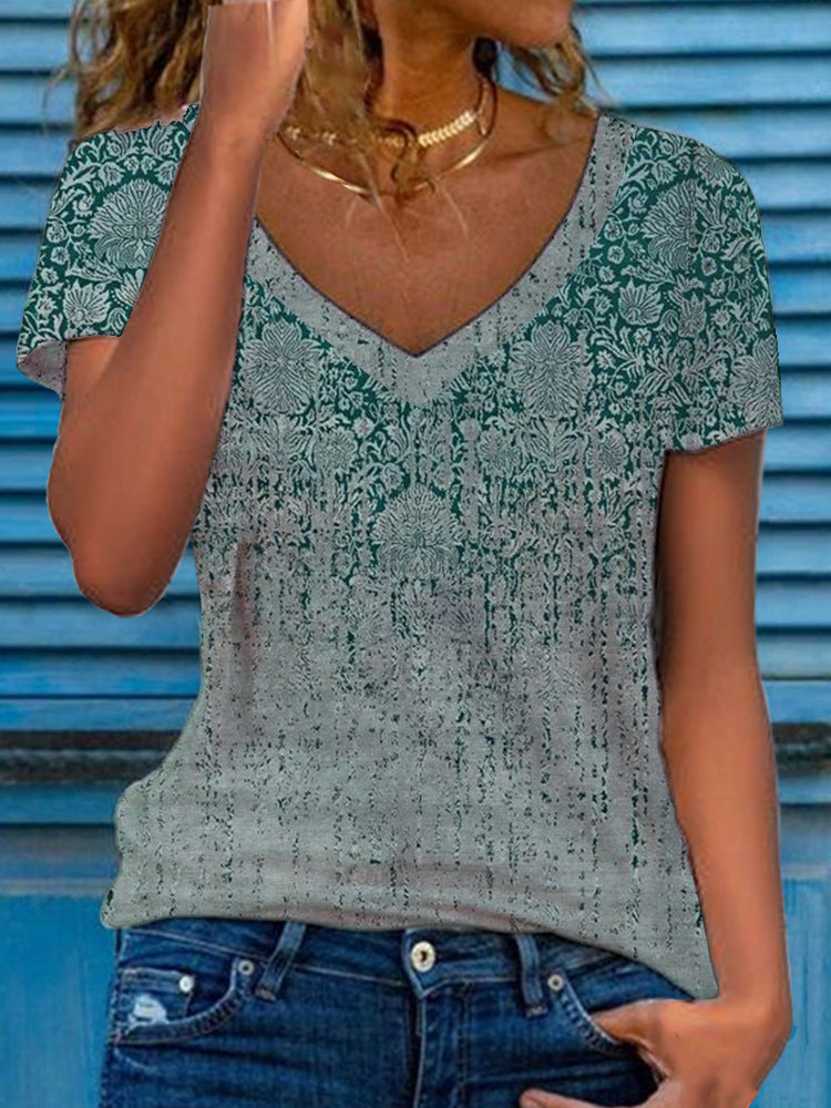 Women's Multicolor Floral Print Short-Sleeve V-Neck Top