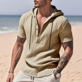 Casual Breathable Linen Hooded Henley Shirt With Short Sleeves  Men's Shirt Breathable Comfortable Spring Summer Fashion Basic Color Streetwear
